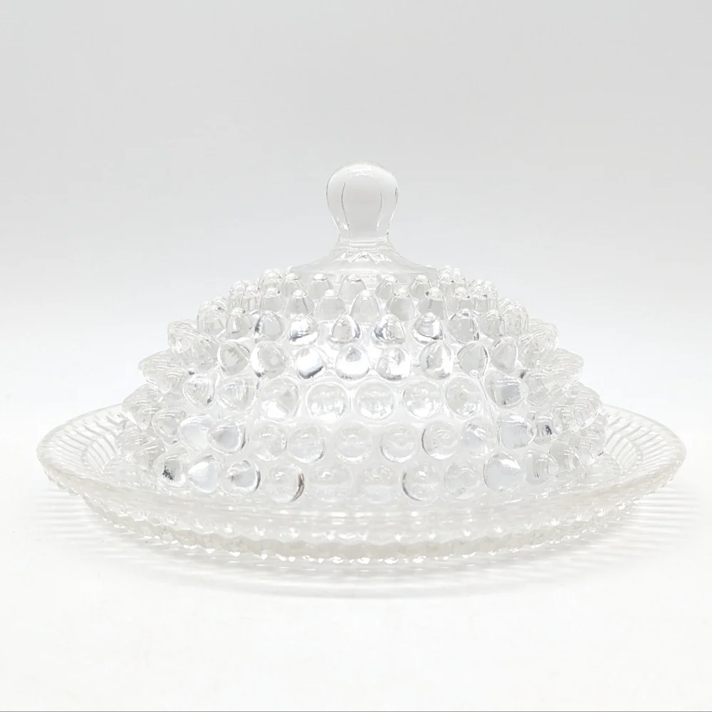 Vintage clear glass hobnail thousand eye style covered dish